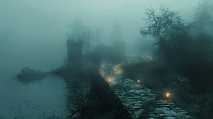 Fototapeta premium A foggy forest path with a castle in the background. The path is lit by candles and lanterns