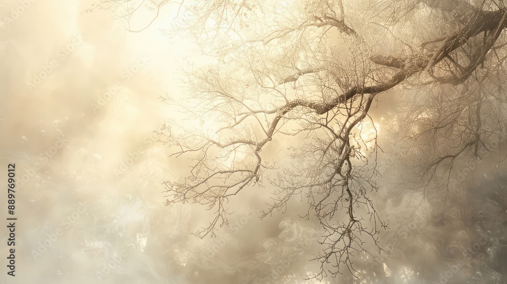 Aufkleber A tree branch is shown in the foreground of a cloudy sky. The branch is bare and has no leaves. The sky is overcast and the light is diffused, creating a moody atmosphere