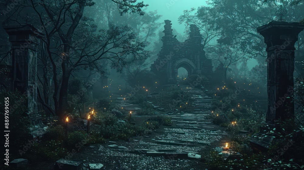 Poster A dark forest with a path leading to a castle. The path is lit by candles and the castle is surrounded by trees