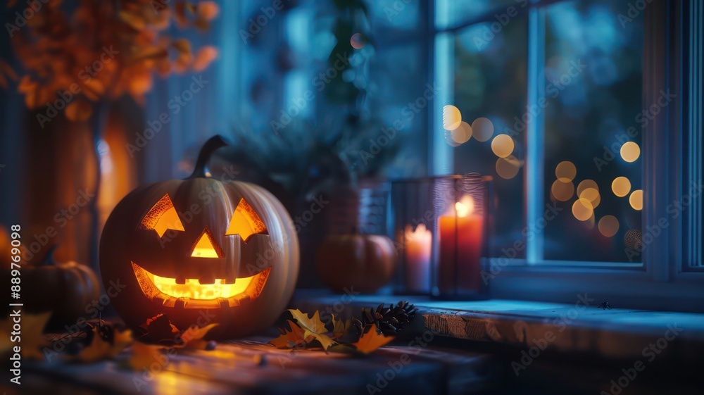 Poster a pumpkin with a smiley face on it sits on a table next to candles. the scene is set in a dimly lit 
