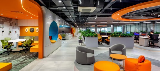 Modern Office with Flexible Workspaces Including Hot Desks, Meeting Pods, and Relaxation Areas