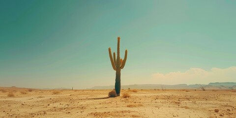 Solitary cactus standing tall in vast sunlit desert landscape under clear blue sky, embodying resilience and isolation, perfect for summer adventure themes. Copy space.