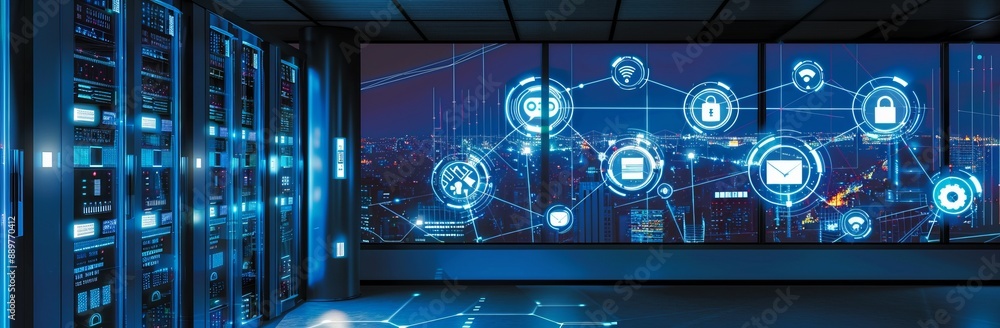 Poster overnight monitoring of data center and communication lines, smart city concept, management and moni