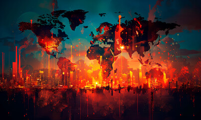 A world map with glowing lines and spots is layered over a cityscape at night