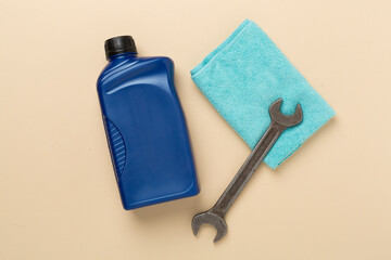 Automobile products and tools on color background, top view