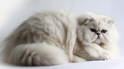 Fototapeta premium A fluffy white Persian cat lying on a white background