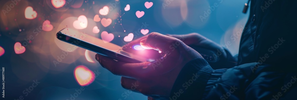 Poster a man is using a mobile phone with a copy space, with a social media concept in the background