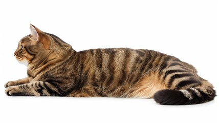 Fototapeta premium A tabby cat lying on its side against a white background
