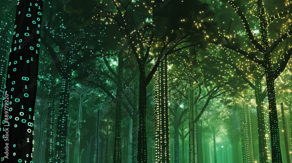 Aufkleber A dense forest at night, with the trees illuminated by strings of lights forming binary code patterns.