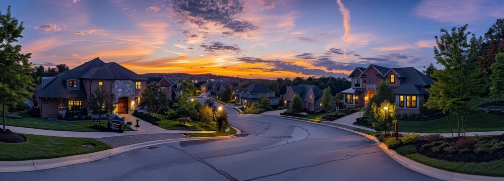 Colorful dramatic sky in a new construction neighborhood street sunset panorama of modern upper middle class single family homes