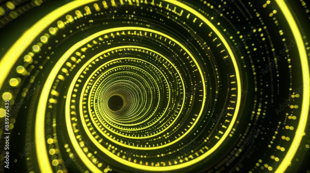 Poster a digital tunnel made of spiraling yellow neon lights and dots fades into darkness in the distance.