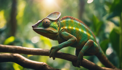 A chameleon blending into the vibrant foliage of a tropical rainforest, with beams of sunlight filte
