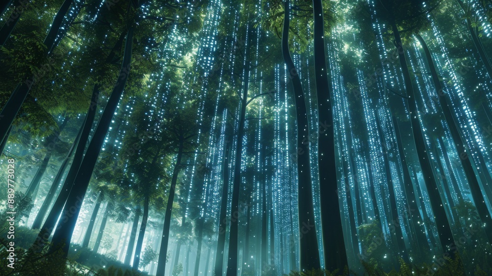 Fototapete A mystical forest at night is illuminated with strings of blue lights hanging between the trees.