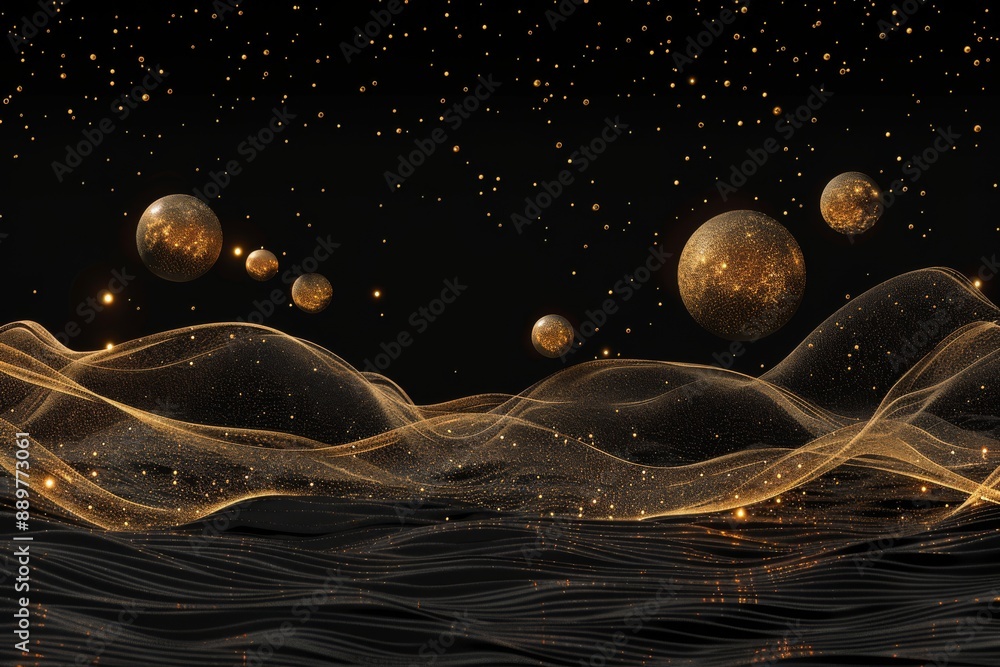 Poster Elegant and surreal digital landscape with golden geometric shapes and a starry background creating a dynamic and futuristic visual composition