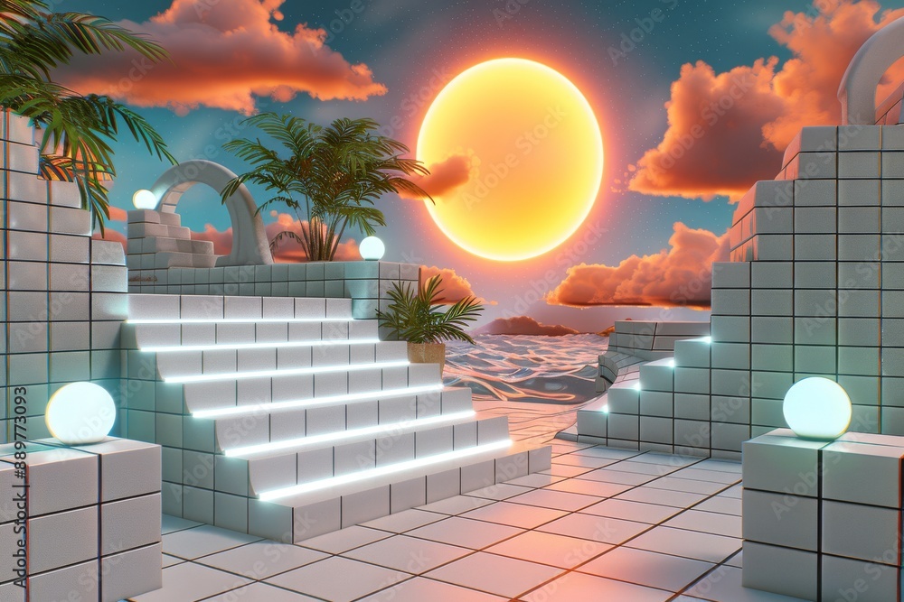 Poster vibrant and surreal digital landscape with colorful geometric shapes and a glowing sun creating a dy