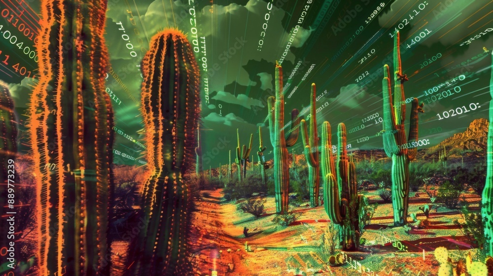 Poster a group of saguaro cacti stand in a desert landscape, with a vibrant digital overlay of green and or