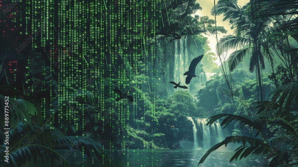 Aufkleber a cascading waterfall flows through a dense, green jungle, with digital rain falling in the backgrou