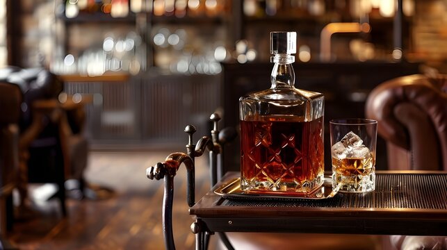 A stylish whiskey decanter on a bar cart, creating an elegant and sophisticated atmosphere.