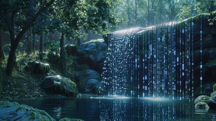 A digital waterfall cascades into a still pool in a verdant forest.