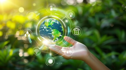 This image illustrates an environmental, business, or green investment concept in a virtual screen with icons on a green background. You can use it to display ads, web banners, or whatever you like.