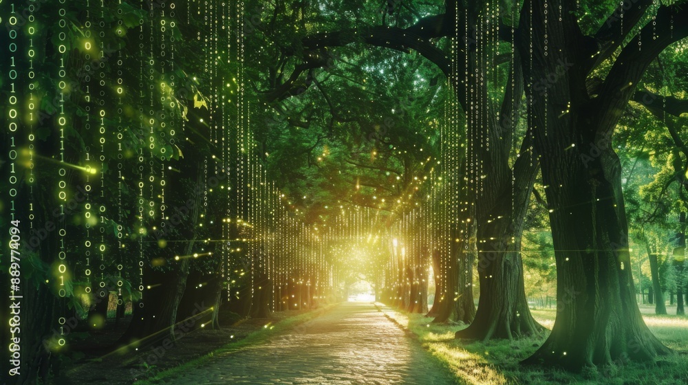 Aufkleber A path through a forest lined with trees is illuminated by glowing digital code. The sun sets behind the trees creating a bright glow in the distance.