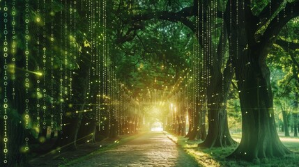 Naklejka premium A path through a forest lined with trees is illuminated by glowing digital code. The sun sets behind the trees creating a bright glow in the distance.