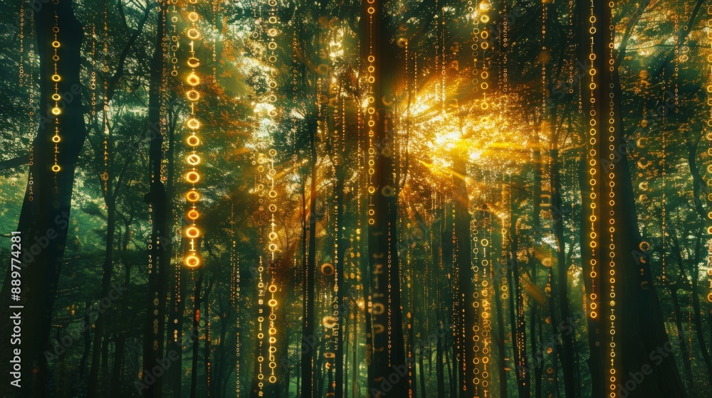 Aufkleber A digital rain of glowing binary code falls through the trees of a forest as the sun shines through the canopy, creating a surreal and mesmerizing scene.