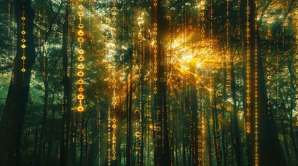 A digital rain of glowing binary code falls through the trees of a forest as the sun shines through the canopy, creating a surreal and mesmerizing scene.