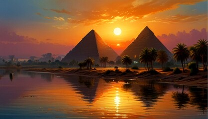 Breathtaking Landscape of Ancient Egypt with Pyramids and the Nile River at Sunset in Hyper-Realistic Oil on Canvas