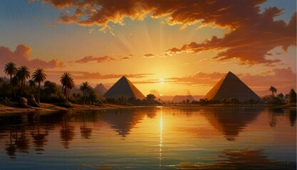 Breathtaking Landscape of Ancient Egypt with Pyramids and the Nile River at Sunset in Hyper-Realistic Oil on Canvas