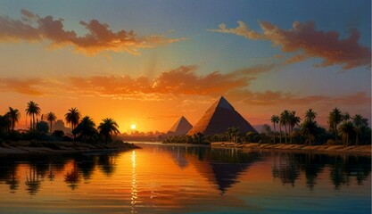 Breathtaking Landscape of Ancient Egypt with Pyramids and the Nile River at Sunset in Hyper-Realistic Oil on Canvas