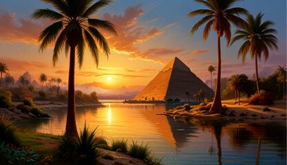 Breathtaking Landscape of Ancient Egypt with Pyramids and the Nile River at Sunset in Hyper-Realistic Oil on Canvas