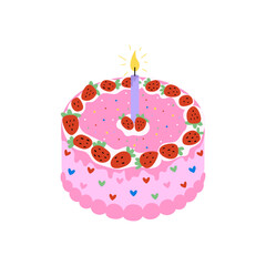 Pink birthday cake with candle and strawberries. Vector flat holiday illustration