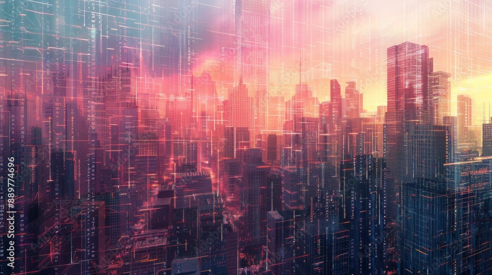 Leinwandbilder a vibrant cityscape with an overlay of digital lines and patterns, captured at sunset. the city's sk