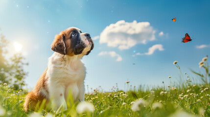 Saint Bernard puppy sits in the grass against the blue sky and looks at flying butterflies.