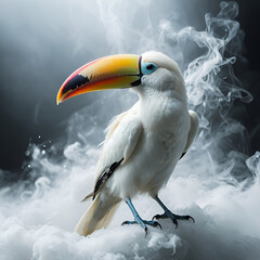 Fototapeta premium Beautiful toucan in white smoke on dark background