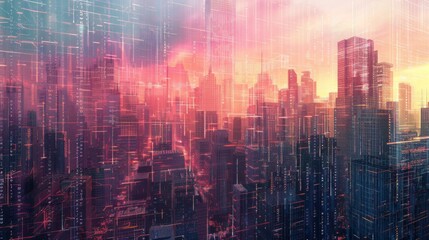 A vibrant cityscape with an overlay of digital lines and patterns, captured at sunset. The city's skyscrapers are illuminated by warm, golden light, while the digital elements add a futuristic feel.