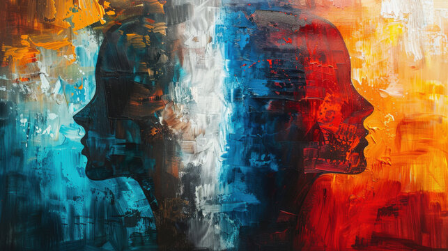 canvas split into two halves with contrasting colors and styles, symbolizing the division of realities and the dual experiences of schizophrenia