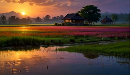 Vibrant Oil on Canvas Capturing Sunset at Serene Rice Fields Near a Quaint Village