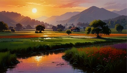 Vibrant Oil on Canvas Capturing Sunset at Serene Rice Fields Near a Quaint Village