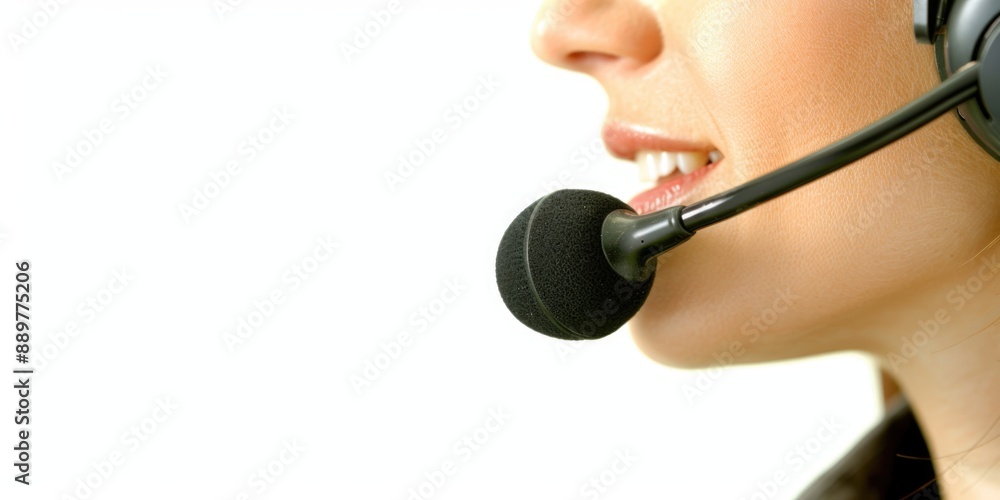 Wall mural a woman's mouth is open, speaking into a headset microphone