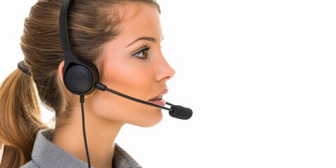 A woman is wearing a headset and looking off to the side, likely engaged in a conversation