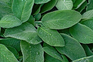 Fototapeta premium Lush green sage leaves covered in morning dew, capturing the beauty of a summer garden