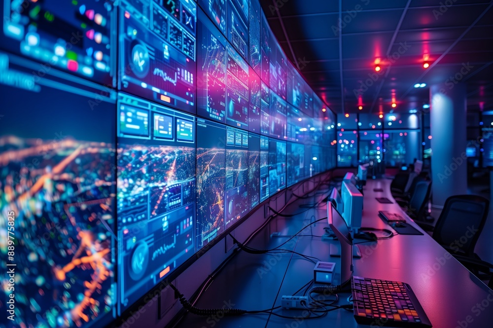Poster modern control room with multiple screens displaying city data and analytics