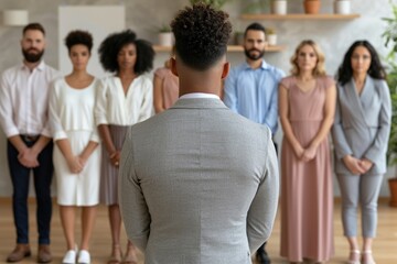 Obraz premium A man in a grey suit stands with his back to the camera, facing a group of colleagues