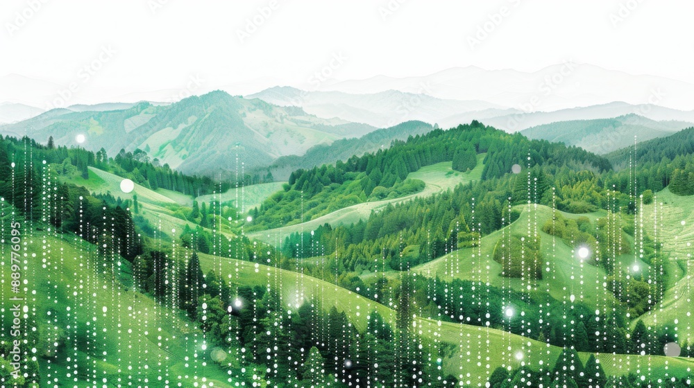 Aufkleber a digital overlay of white dots and lines shines over a lush, green landscape of rolling hills and f