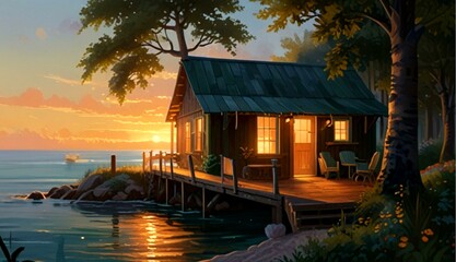 Serene Summer Cabin by the Beach in Vibrant Oil Paints, Radiating Coziness and Tranquility