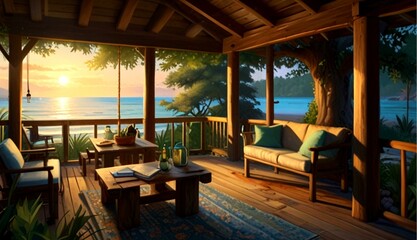 Serene Summer Cabin by the Beach in Vibrant Oil Paints, Radiating Coziness and Tranquility