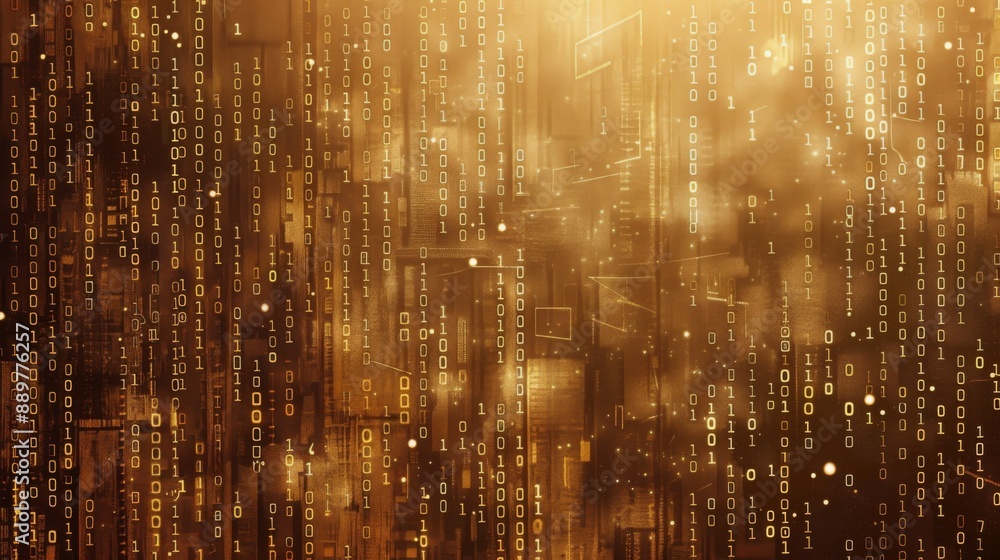 Poster A digital background of binary code in white on a golden, textured background.