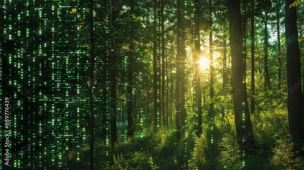 Aufkleber green digital rain falls through the trees of a dense forest as sunlight streams through the canopy.